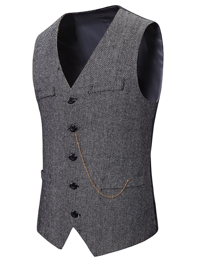 Metal Chain Herringbone Button Up Tweed Vest